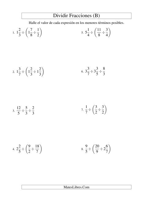 La hoja de ejercicios de Dividir y Simplificar Tres Fracciones con Algunas Fracciones Mixtas (B)