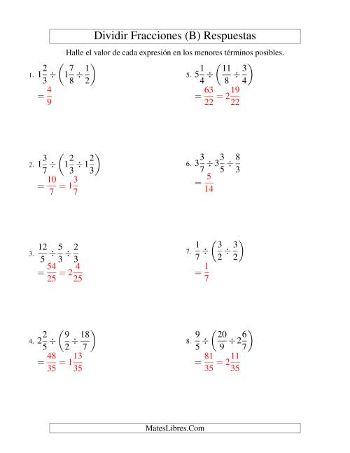 La hoja de ejercicios de Dividir y Simplificar Tres Fracciones con Algunas Fracciones Mixtas (B) Página 2