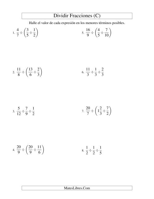 La hoja de ejercicios de Dividir y Simplificar Tres Fracciones con Algunas Fracciones Mixtas (C)