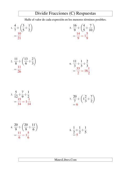 La hoja de ejercicios de Dividir y Simplificar Tres Fracciones con Algunas Fracciones Mixtas (C) Página 2