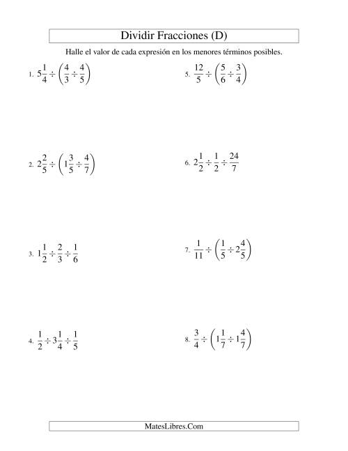 La hoja de ejercicios de Dividir y Simplificar Tres Fracciones con Algunas Fracciones Mixtas (D)