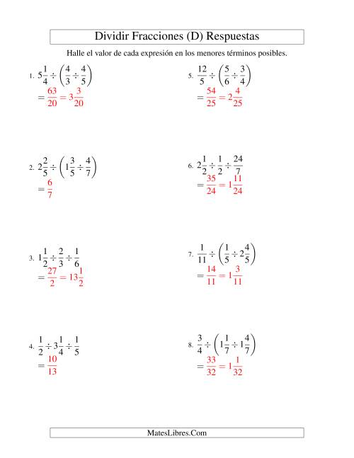 La hoja de ejercicios de Dividir y Simplificar Tres Fracciones con Algunas Fracciones Mixtas (D) Página 2
