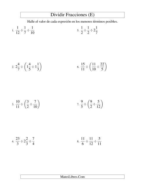 La hoja de ejercicios de Dividir y Simplificar Tres Fracciones con Algunas Fracciones Mixtas (E)