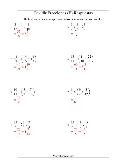 La hoja de ejercicios de Dividir y Simplificar Tres Fracciones con Algunas Fracciones Mixtas (E) Página 2