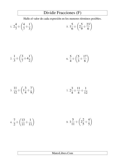 La hoja de ejercicios de Dividir y Simplificar Tres Fracciones con Algunas Fracciones Mixtas (F)