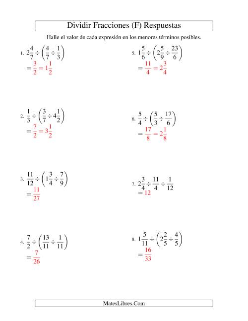 La hoja de ejercicios de Dividir y Simplificar Tres Fracciones con Algunas Fracciones Mixtas (F) Página 2