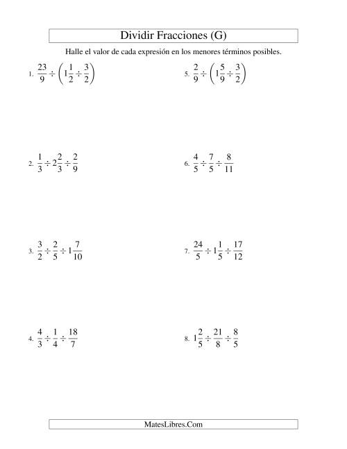 La hoja de ejercicios de Dividir y Simplificar Tres Fracciones con Algunas Fracciones Mixtas (G)