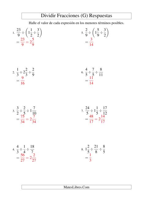 La hoja de ejercicios de Dividir y Simplificar Tres Fracciones con Algunas Fracciones Mixtas (G) Página 2