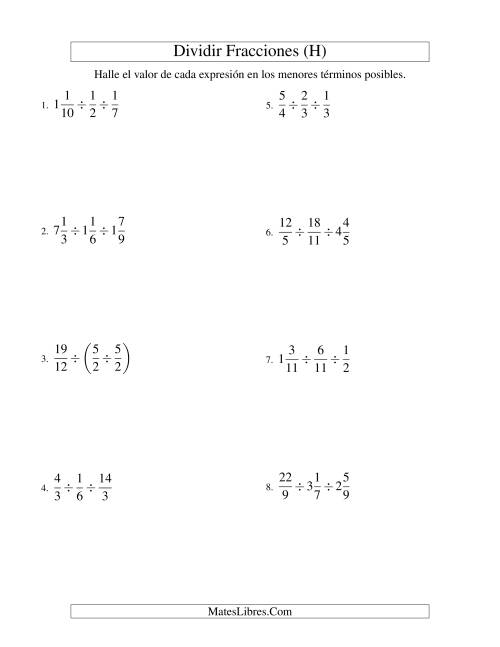 La hoja de ejercicios de Dividir y Simplificar Tres Fracciones con Algunas Fracciones Mixtas (H)