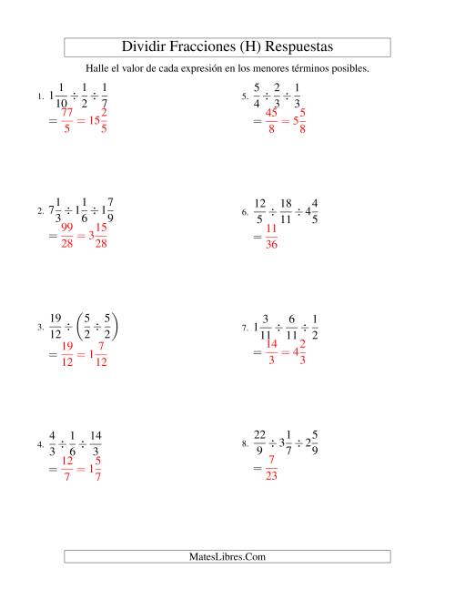 La hoja de ejercicios de Dividir y Simplificar Tres Fracciones con Algunas Fracciones Mixtas (H) Página 2
