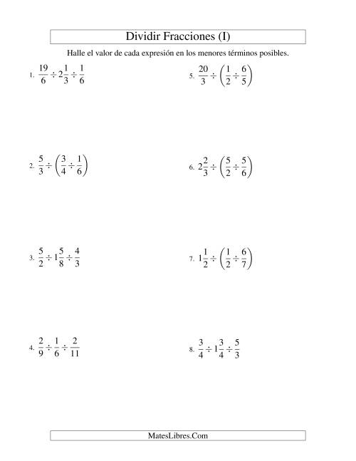 La hoja de ejercicios de Dividir y Simplificar Tres Fracciones con Algunas Fracciones Mixtas (I)