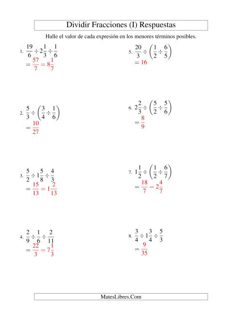 La hoja de ejercicios de Dividir y Simplificar Tres Fracciones con Algunas Fracciones Mixtas (I) Página 2