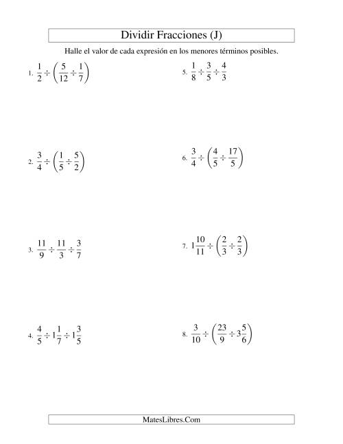 La hoja de ejercicios de Dividir y Simplificar Tres Fracciones con Algunas Fracciones Mixtas (J)