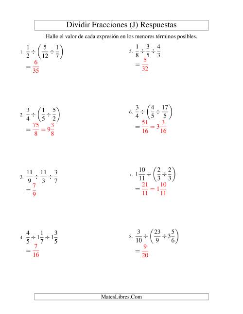 La hoja de ejercicios de Dividir y Simplificar Tres Fracciones con Algunas Fracciones Mixtas (J) Página 2