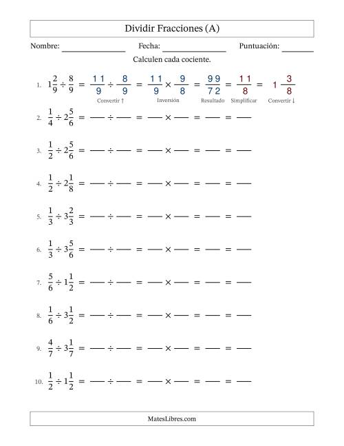 La hoja de ejercicios de Dividir fracciones propias y mixtas y con simplificación en todas (Rellenable) (Todas)