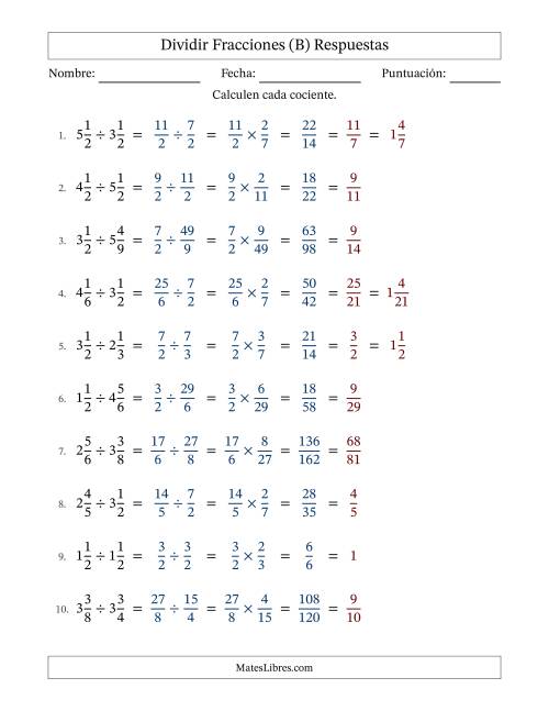 La hoja de ejercicios de Dividir Two fracciones mixtas y con simplificación en todas (Rellenable) (B) Página 2