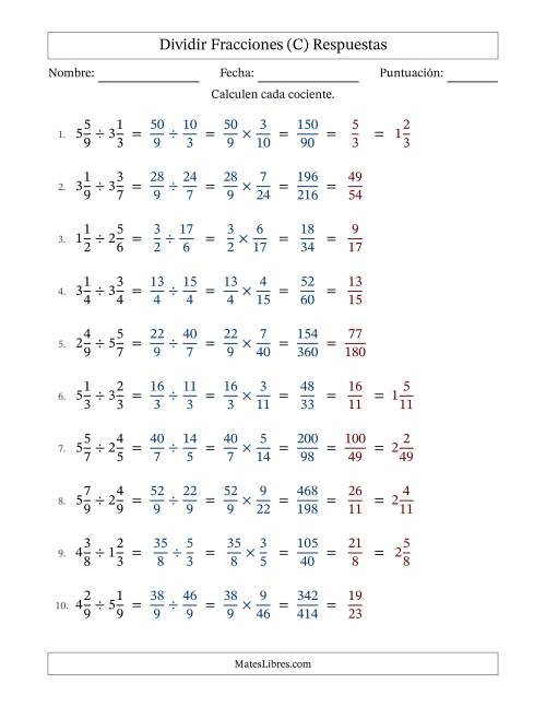 La hoja de ejercicios de Dividir Two fracciones mixtas y con simplificación en todas (Rellenable) (C) Página 2