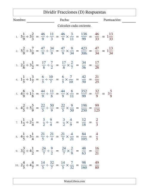 La hoja de ejercicios de Dividir Two fracciones mixtas y con simplificación en todas (Rellenable) (D) Página 2