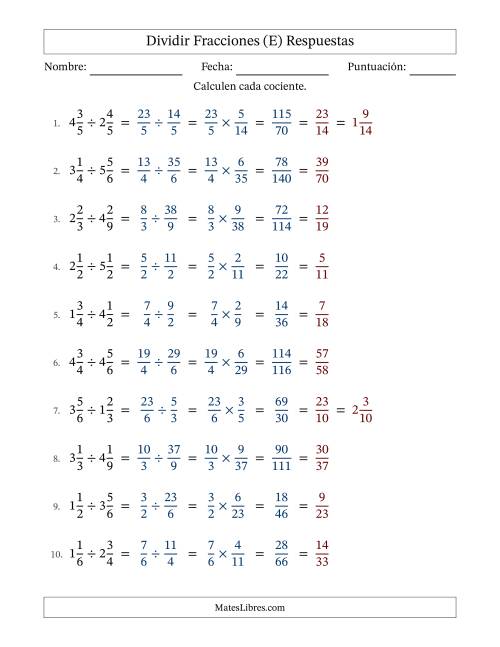 La hoja de ejercicios de Dividir Two fracciones mixtas y con simplificación en todas (Rellenable) (E) Página 2
