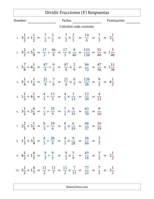 La hoja de ejercicios de Dividir Two fracciones mixtas y con simplificación en todas (Rellenable) (F) Página 2