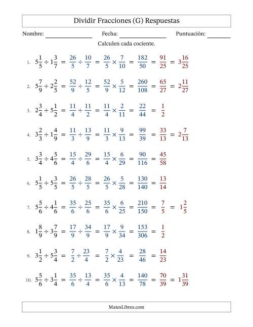 La hoja de ejercicios de Dividir Two fracciones mixtas y con simplificación en todas (Rellenable) (G) Página 2