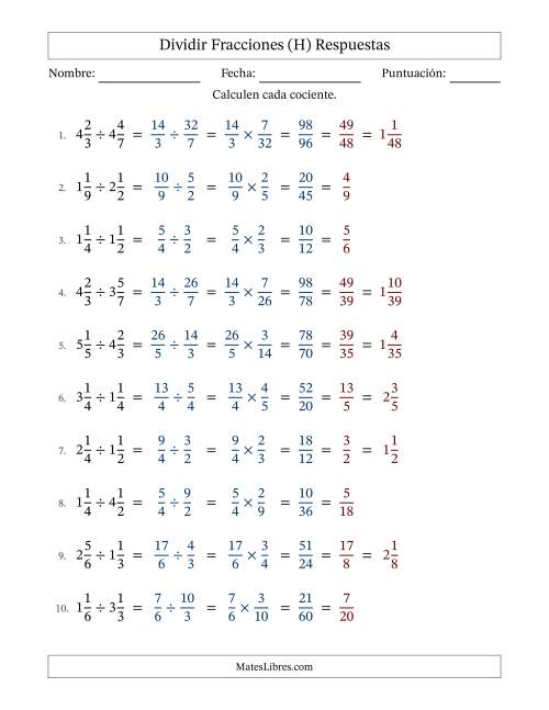 La hoja de ejercicios de Dividir Two fracciones mixtas y con simplificación en todas (Rellenable) (H) Página 2