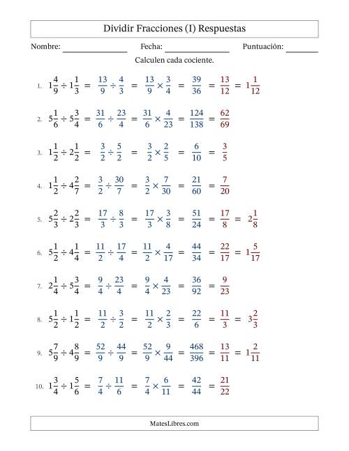 La hoja de ejercicios de Dividir Two fracciones mixtas y con simplificación en todas (Rellenable) (I) Página 2