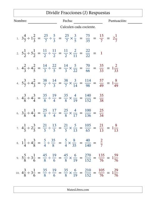 La hoja de ejercicios de Dividir Two fracciones mixtas y con simplificación en todas (Rellenable) (J) Página 2
