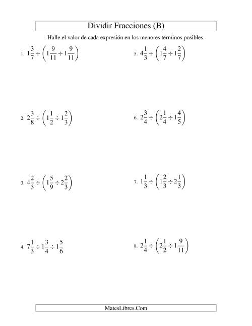La hoja de ejercicios de Dividir y Simplificar Tres Fracciones Mixtas (B)