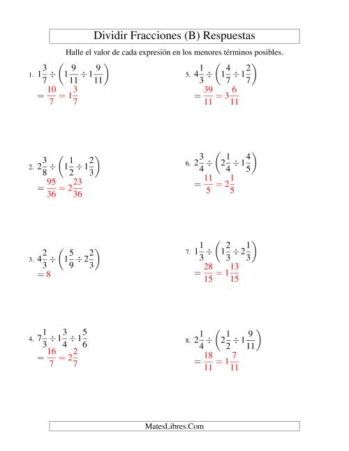 La hoja de ejercicios de Dividir y Simplificar Tres Fracciones Mixtas (B) Página 2