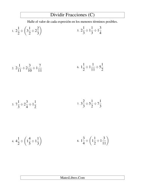La hoja de ejercicios de Dividir y Simplificar Tres Fracciones Mixtas (C)