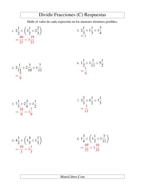 La hoja de ejercicios de Dividir y Simplificar Tres Fracciones Mixtas (C) Página 2
