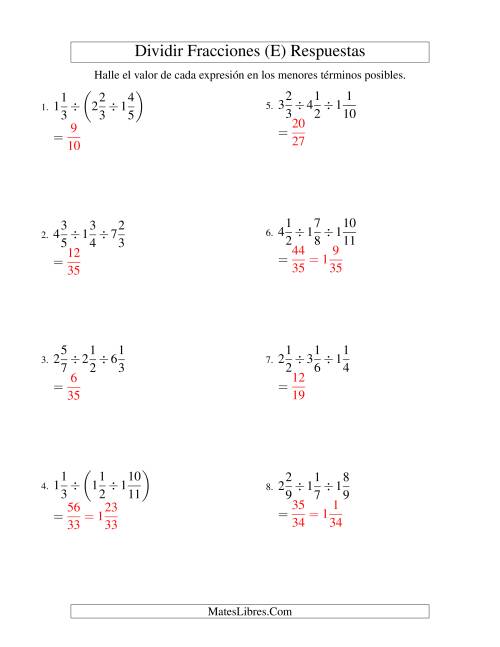 La hoja de ejercicios de Dividir y Simplificar Tres Fracciones Mixtas (E) Página 2