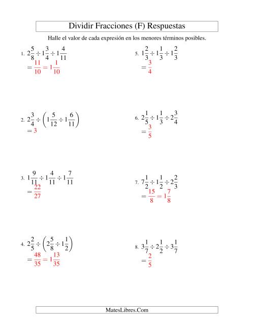 La hoja de ejercicios de Dividir y Simplificar Tres Fracciones Mixtas (F) Página 2