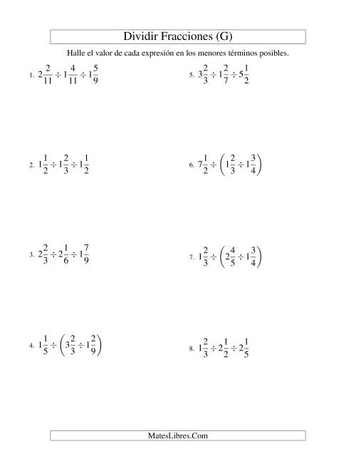 La hoja de ejercicios de Dividir y Simplificar Tres Fracciones Mixtas (G)
