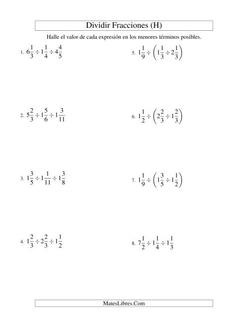 La hoja de ejercicios de Dividir y Simplificar Tres Fracciones Mixtas (H)