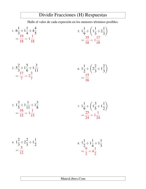 La hoja de ejercicios de Dividir y Simplificar Tres Fracciones Mixtas (H) Página 2