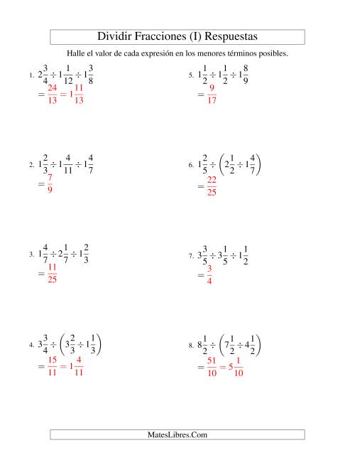 La hoja de ejercicios de Dividir y Simplificar Tres Fracciones Mixtas (I) Página 2
