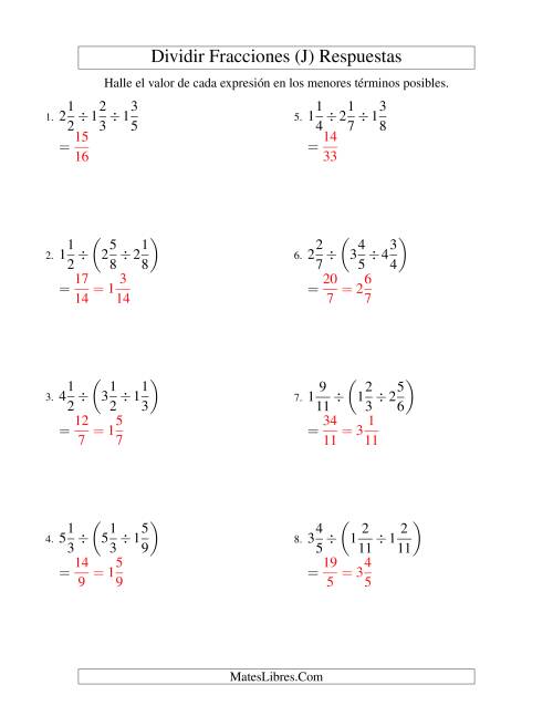 La hoja de ejercicios de Dividir y Simplificar Tres Fracciones Mixtas (J) Página 2