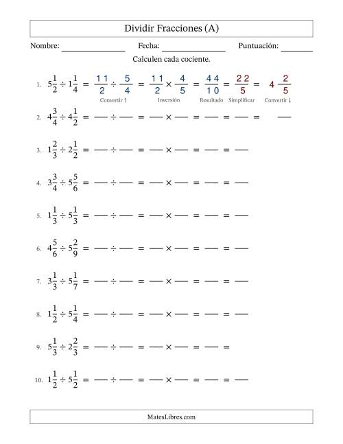 La hoja de ejercicios de Dividir Two fracciones mixtas y con simplificación en todas (Rellenable) (Todas)