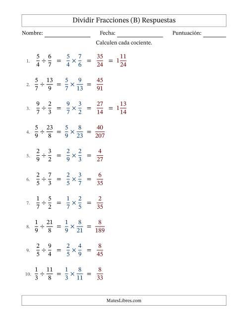 La hoja de ejercicios de Dividir fracciones propias e impropias y sin simplificación (Rellenable) (B) Página 2