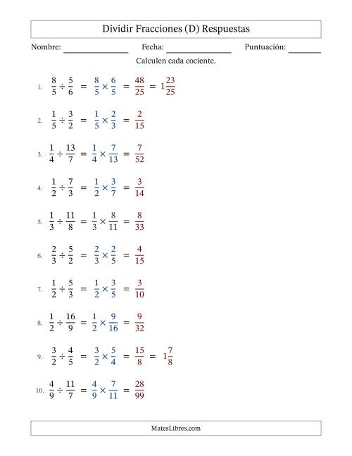 La hoja de ejercicios de Dividir Fracciones Impropias (D) Página 2