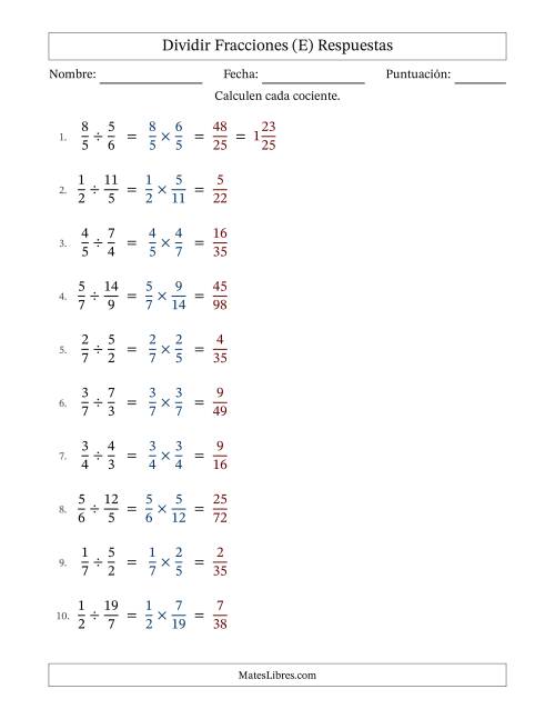 La hoja de ejercicios de Dividir fracciones propias e impropias y sin simplificación (Rellenable) (E) Página 2