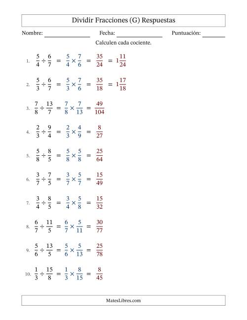 La hoja de ejercicios de Dividir fracciones propias e impropias y sin simplificación (Rellenable) (G) Página 2
