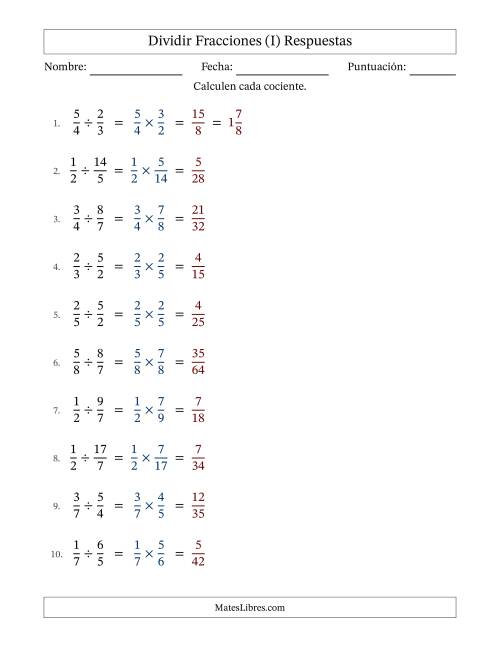 La hoja de ejercicios de Dividir fracciones propias e impropias y sin simplificación (Rellenable) (I) Página 2