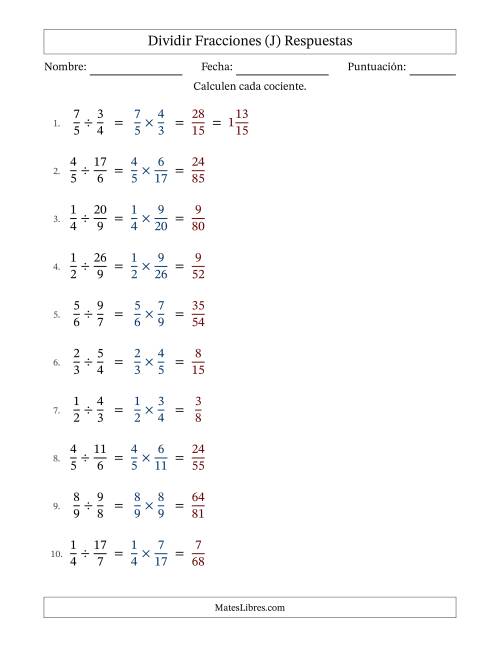 La hoja de ejercicios de Dividir fracciones propias e impropias y sin simplificación (Rellenable) (J) Página 2