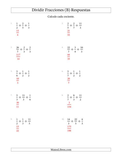 La hoja de ejercicios de Dividir Tres Fracciones Propias e Impropias y (B) Página 2