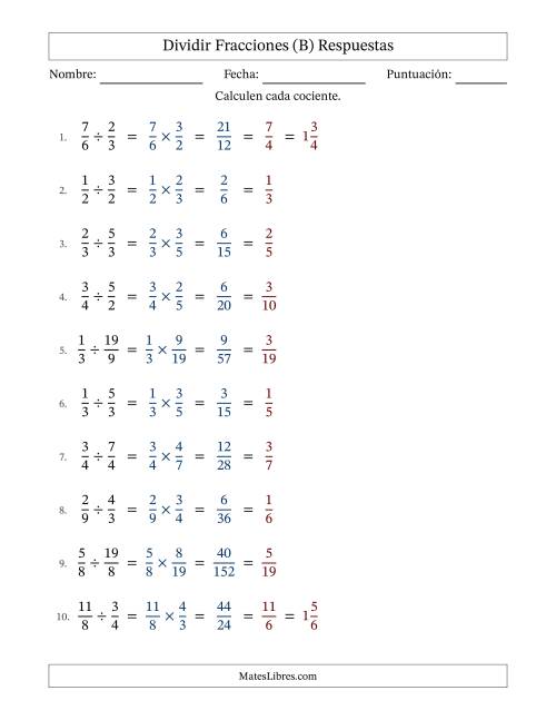 La hoja de ejercicios de Dividir fracciones propias e impropias y con simplificación en todas (Rellenable) (B) Página 2
