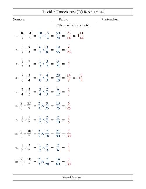 La hoja de ejercicios de Dividir fracciones propias e impropias y con simplificación en todas (Rellenable) (D) Página 2
