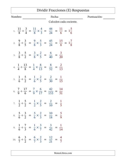 La hoja de ejercicios de Dividir fracciones propias e impropias y con simplificación en todas (Rellenable) (E) Página 2